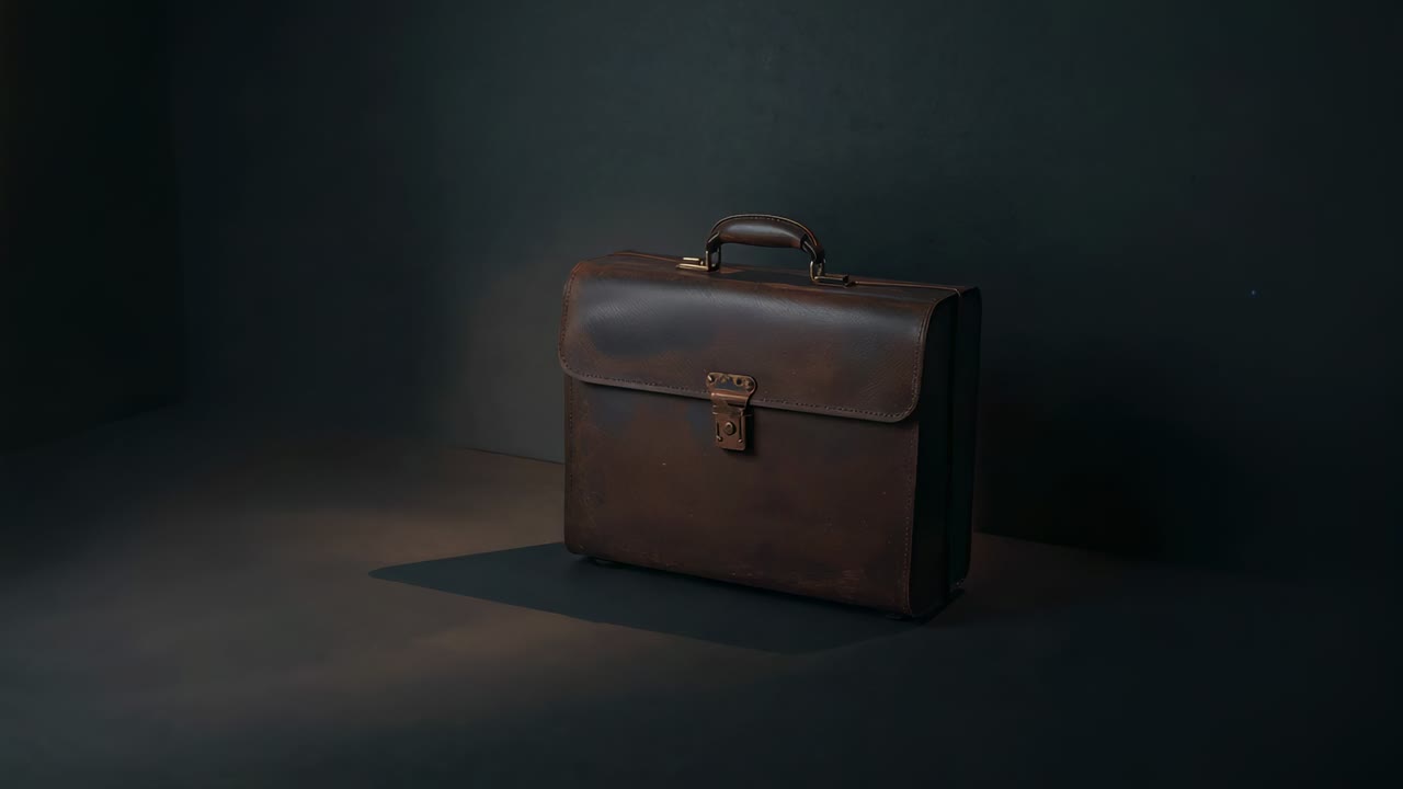Shifting spotlight revealing dark-brown leather briefcase on studio floor, highlighting brass lock