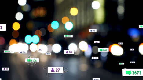 animación de iconos y números de redes sociales sobre semáforos desenfocados