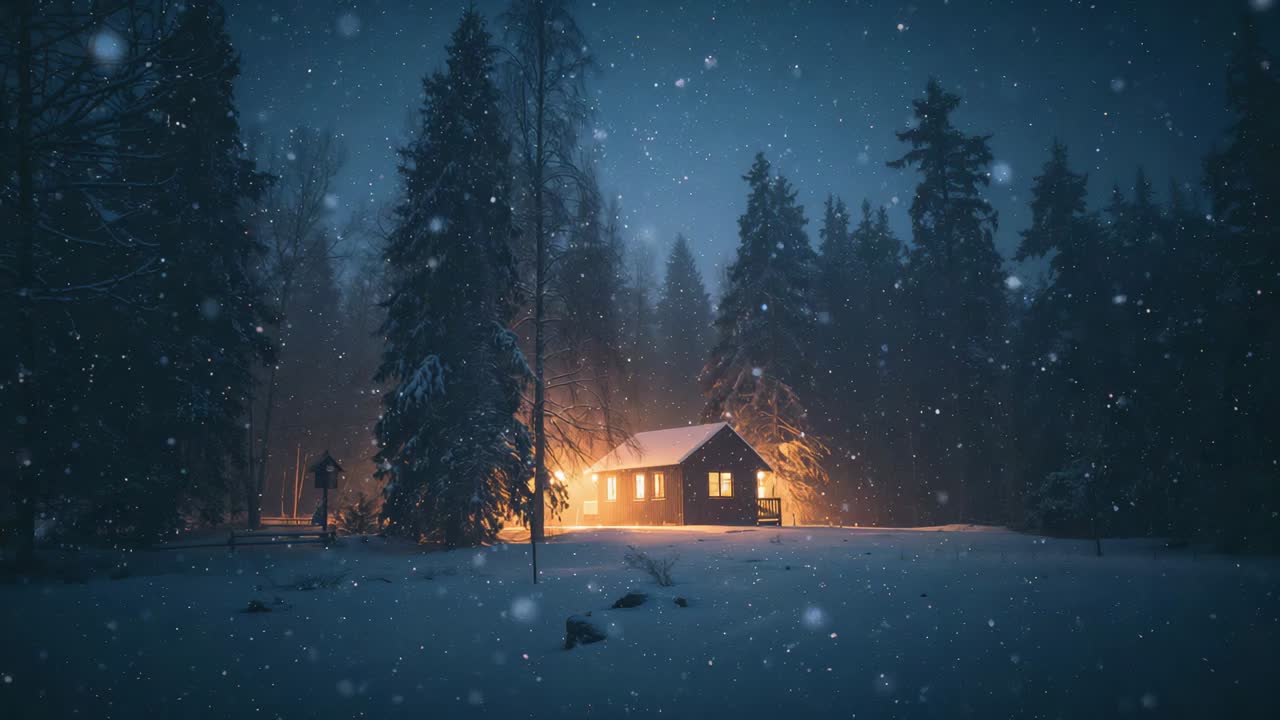 Casting warm amber light, small cabin responding to nightfall across snowy clearing, falling snow