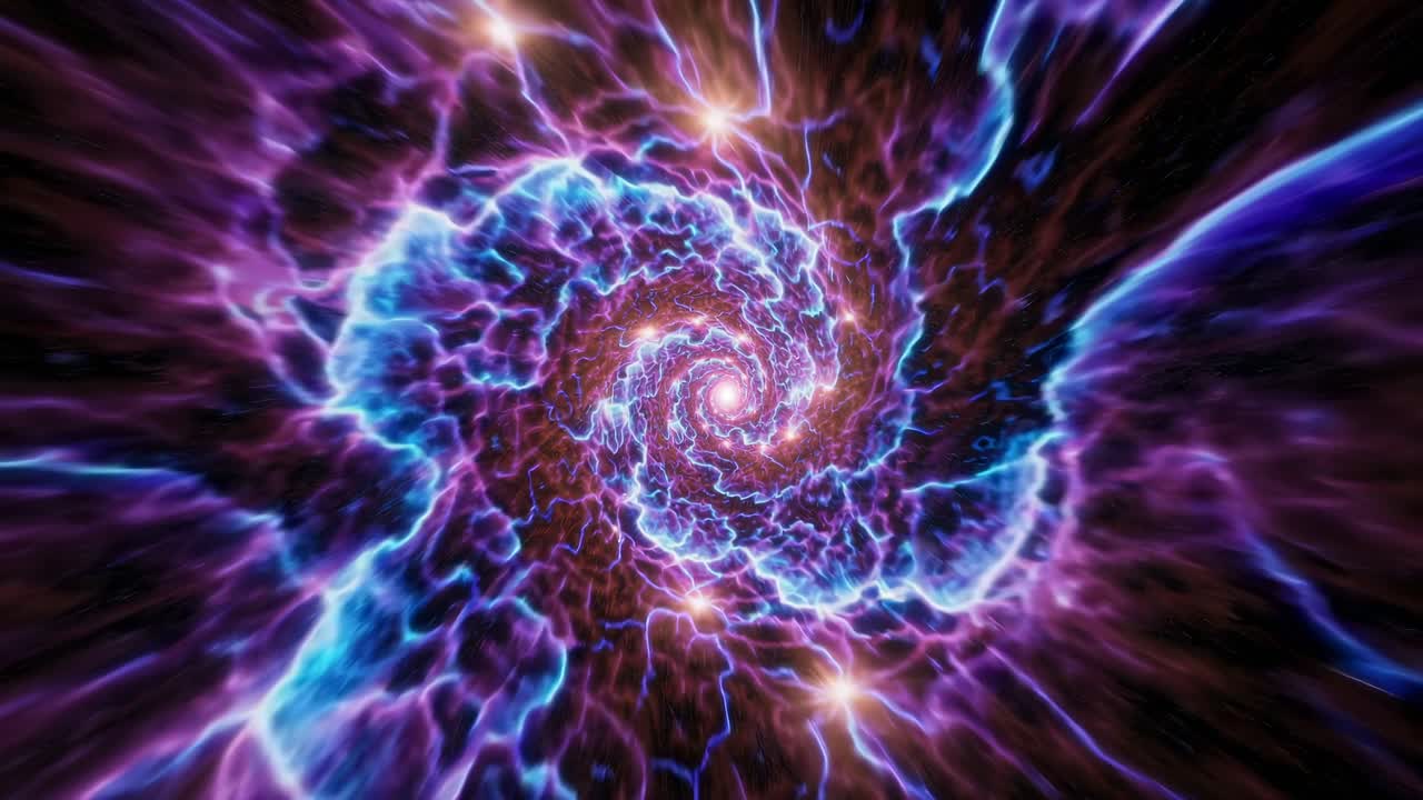 Un video ipnotico di un vortice cosmico turbinante in vivaci tonalità blu e viola