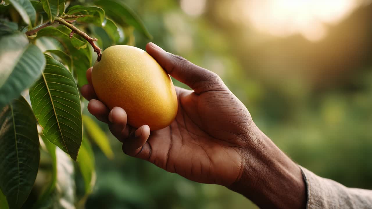 A Hand Gently Holds a Ripe Golden Mango Against a Lush Green Background, Capturing the Essence of Harvest Season and the Bounty of Nature's Delicious Fruits in the Warm Glow of Sunset