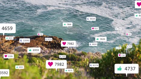 animación de iconos de las redes sociales y orillas rocosas con paisaje marítimo.