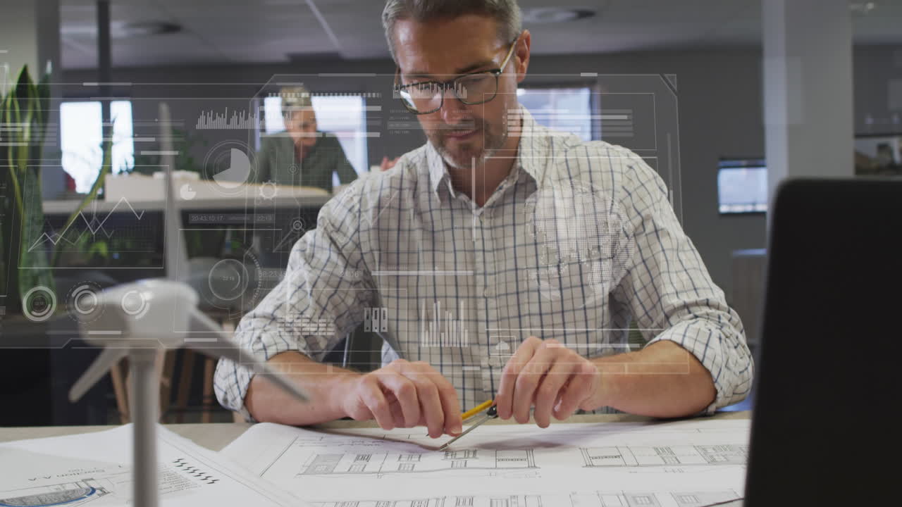 Animation of financial data processing over biracial businessman