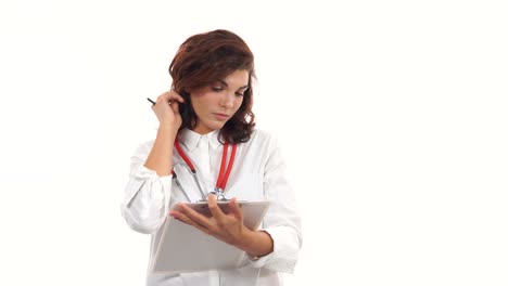 Friendly-young-female-doctor-reviews-and-writes-notes-on-a-clipboard.-Portrait-of-young-medical-professional-with-stethoscope-and-lab-coat-isolated-on-white-background