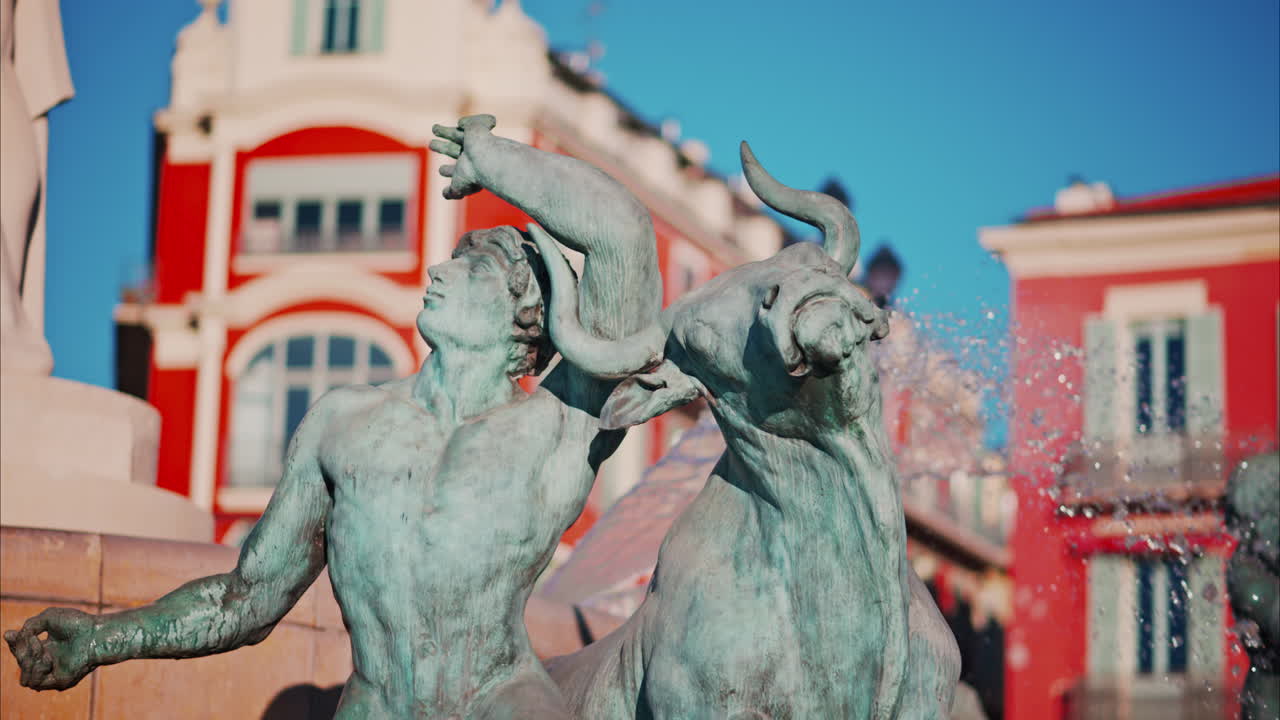 Nice, France - October 8, 2024: Close up of the Fontaine du Soleil in daylight