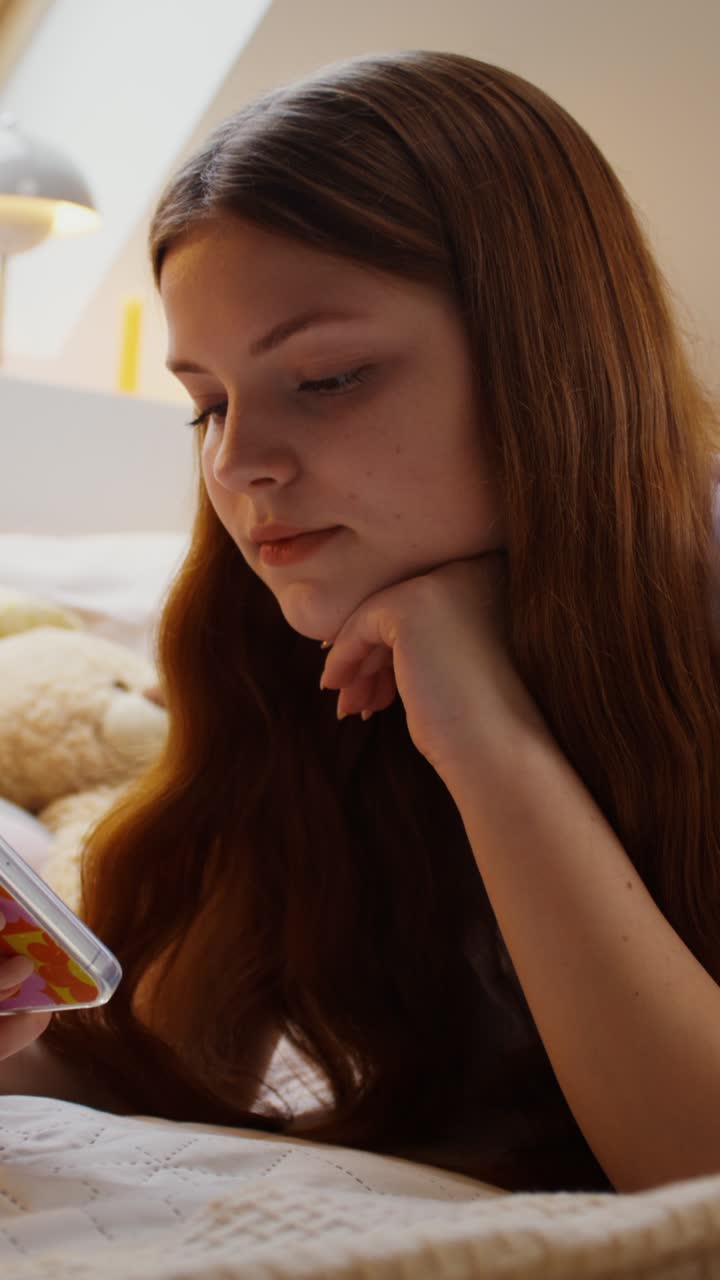 Teenage girl using a smartphone in bed