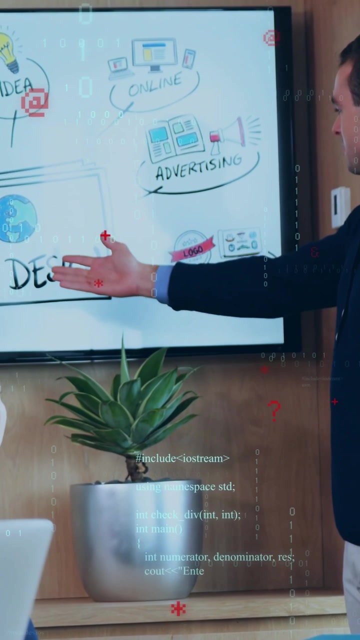 Vertical video: Lead stepping in, pointing at board, explaining web design, code overlaying board