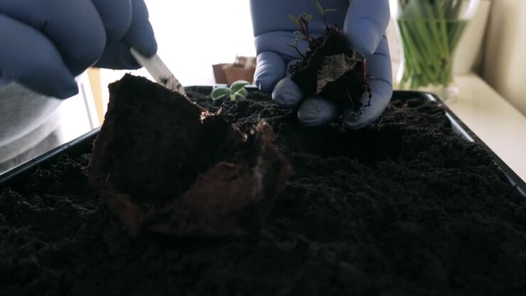 Piantumazione di germogli di barbabietole in un vassoio da semina per orto domestico.