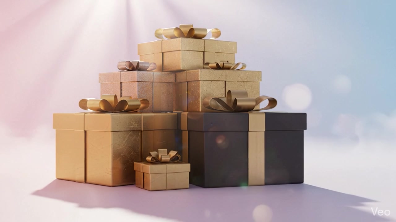 Una pila splendidamente disposta di eleganti scatole regalo adornate con nastri lucidi, presentata in un'atmosfera sognante con colori pastello tenui e illuminazione soffusa.