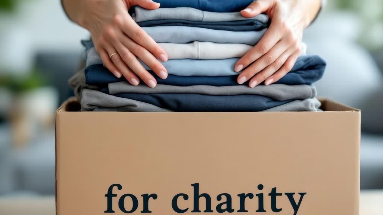 Hands of a woman are carefully arranging neatly folded clothes in various shades of blue and gray inside a cardboard box, creating an organized and tidy appearance for storage or donation