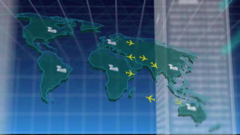 airplanes flying between continents, global air travel animation over binary code