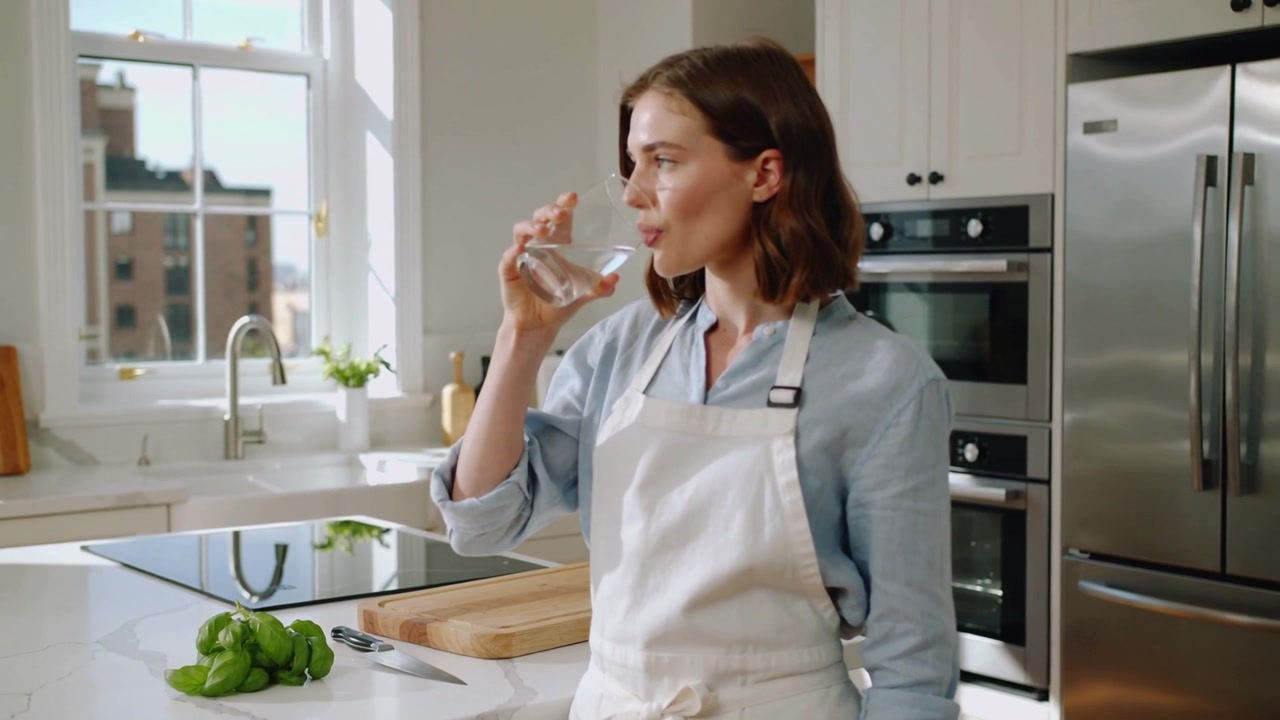 Donna in pausa dalla cucina, con camicia blu e grembiule bianco, annusa e sorseggia da un bicchiere al bancone, con basilico.