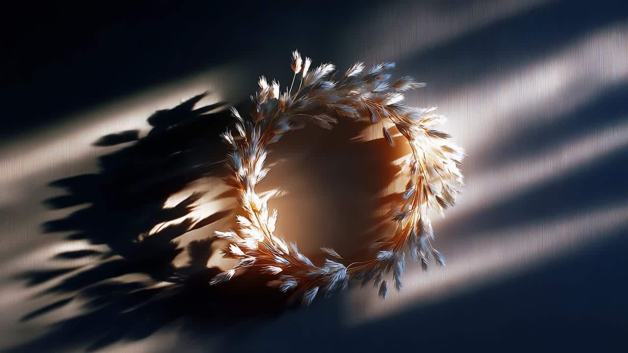 A Beautifully Crafted Wreath of Dried Grasses Casting Graceful Shadows, Perfect for Autumn Decor and Bringing a Natural Touch to Any Space, Highlighting the Beauty of Nature in Artistic Arrangements