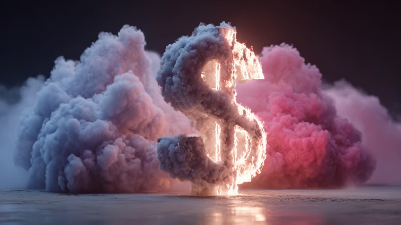 A Stunning Visualization of Financial Success: A Glowing Cloud-Shaped Dollar Sign Surrounded by Colorful Mist Emphasizing Economic Themes and Wealth Impact