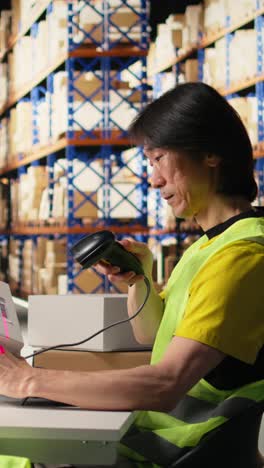 vertical video male worker managing package labeling using shipment details adhesive tags