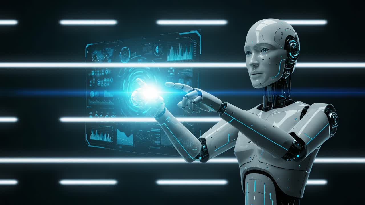 Futuristic Robot Interface: A Highly Advanced Android Interacting with a Dynamic Holographic Display in a Modern Sci-Fi Environment