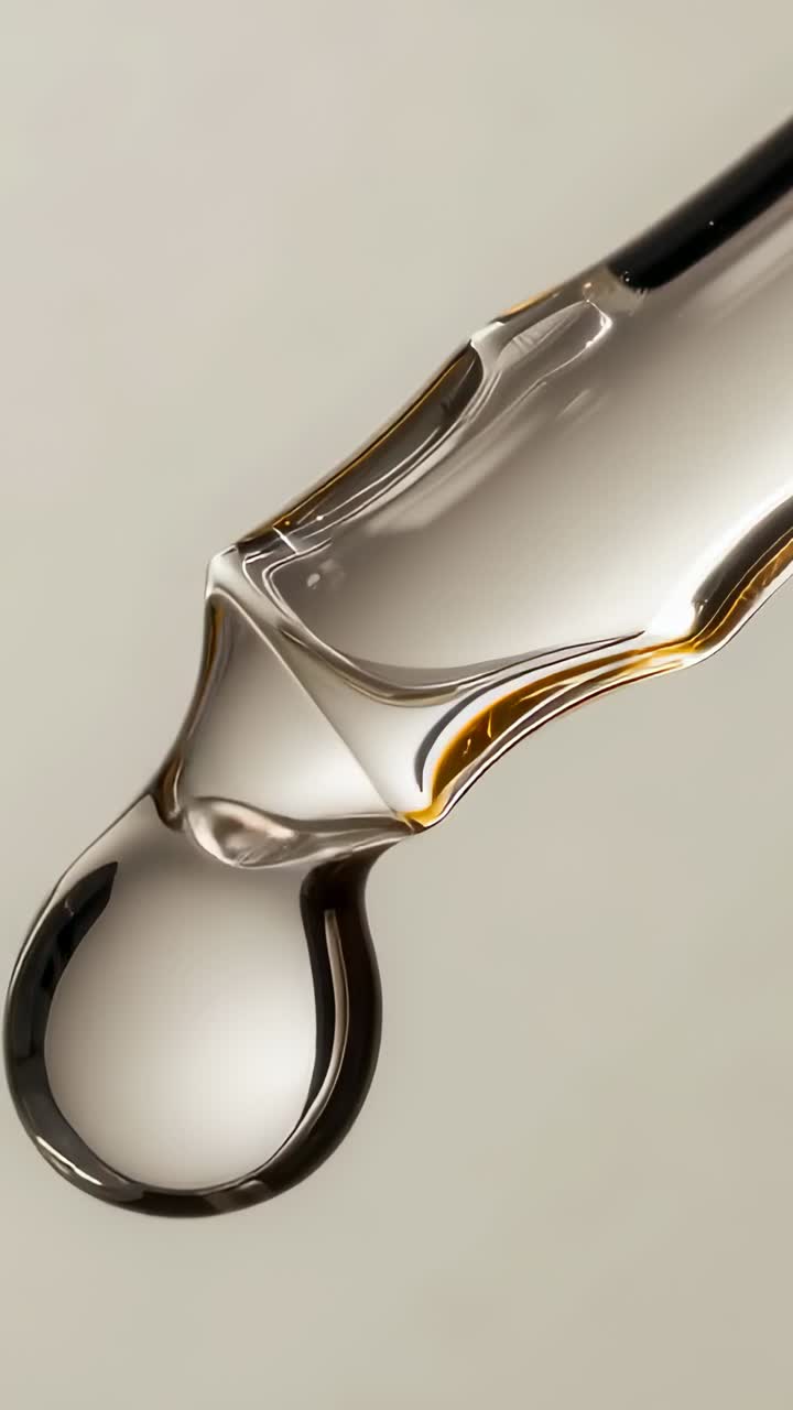 Vertical video: Forming viscous drop on glass dropper under gravity detaching in studio, copy space