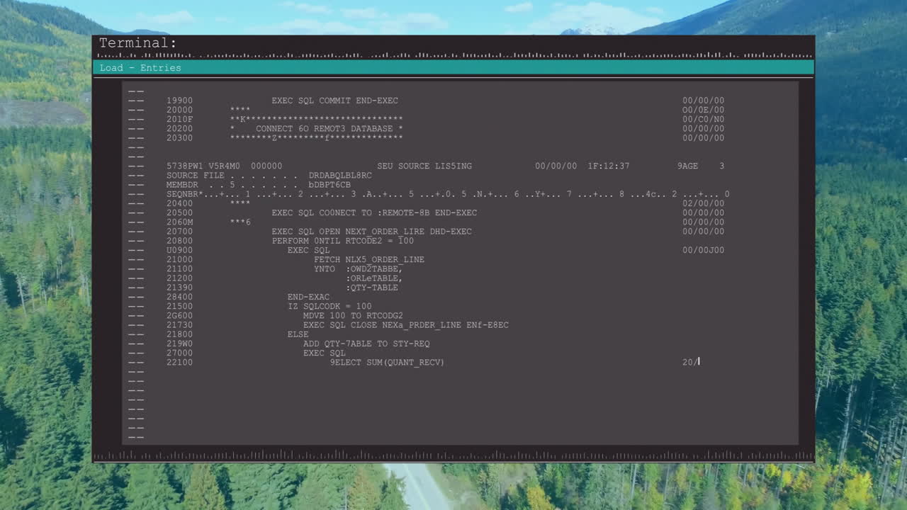 Terminal window displaying SQL code with ASCII rulers over forest wallpaper, using flat design