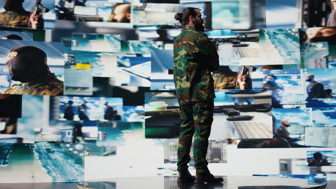 Young veteran reviewing battlefield data in a high tech command center