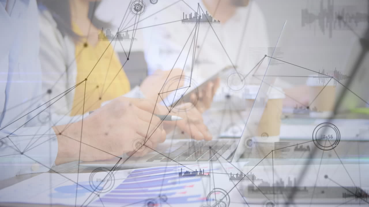 Web of connections against woman using laptop and smartphone