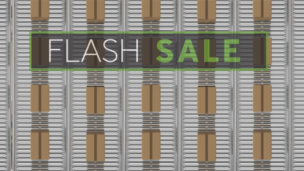 Animation of flash sale text over cardboard boxes on conveyor belts