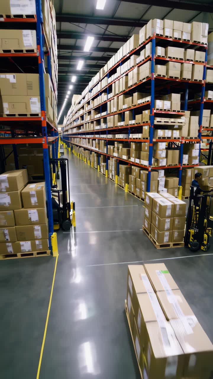 interior del almacén con carretillas elevadoras y estantes de almacenamiento