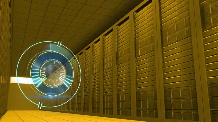Animation of processing circle over server room