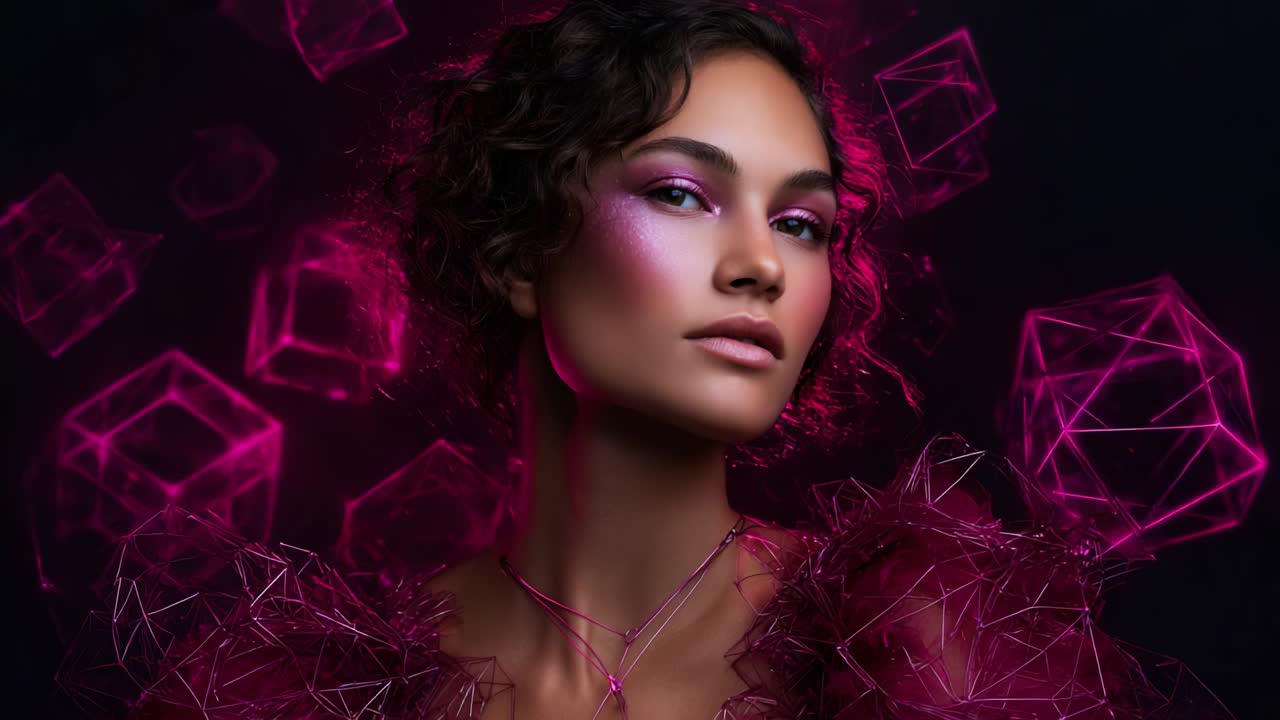 A captivating portrait of an elegant model showcasing stunning makeup and intricate jewelry, surrounded by a mystical ambiance of vibrant pink geometric shapes that enhance her graceful beauty