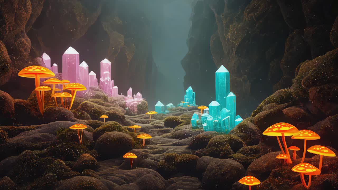 Magical Crystal Cave with Glowing Mushrooms