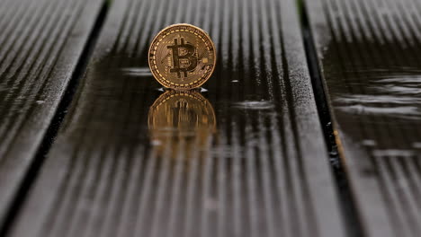 a bitcoin coin stands in the rain