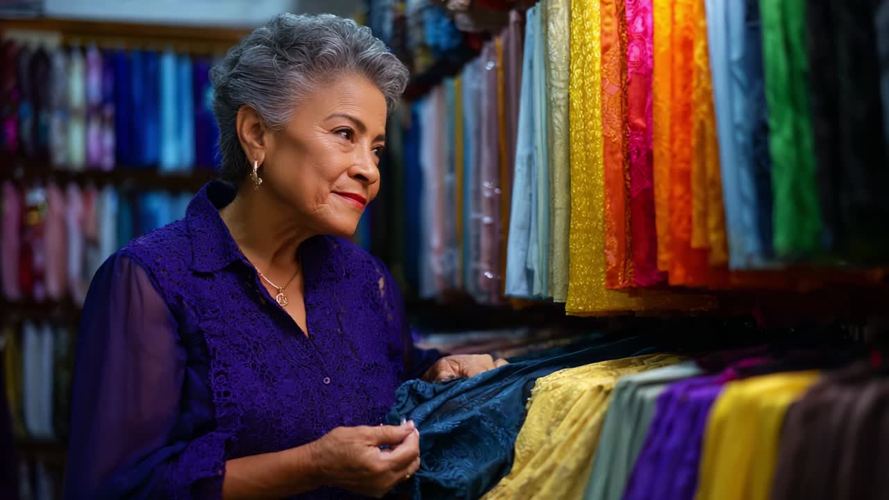 A Thoughtful Woman Engages with a Colorful Display of Fabrics in an Intimate Store, Exuding a Sense of Nostalgia and Joy as She Selects the Perfect Material for Her Project