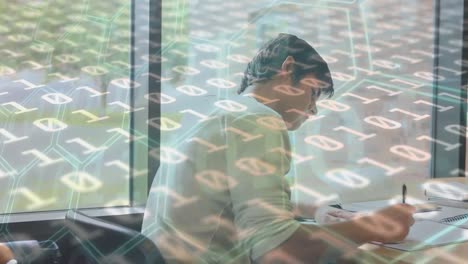 Animation-of-binary-code-over-caucasian-man-and-woman-writing-in-books-in-library