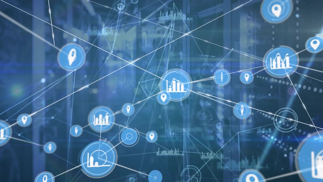 Animation of network of connections with icons over computer servers