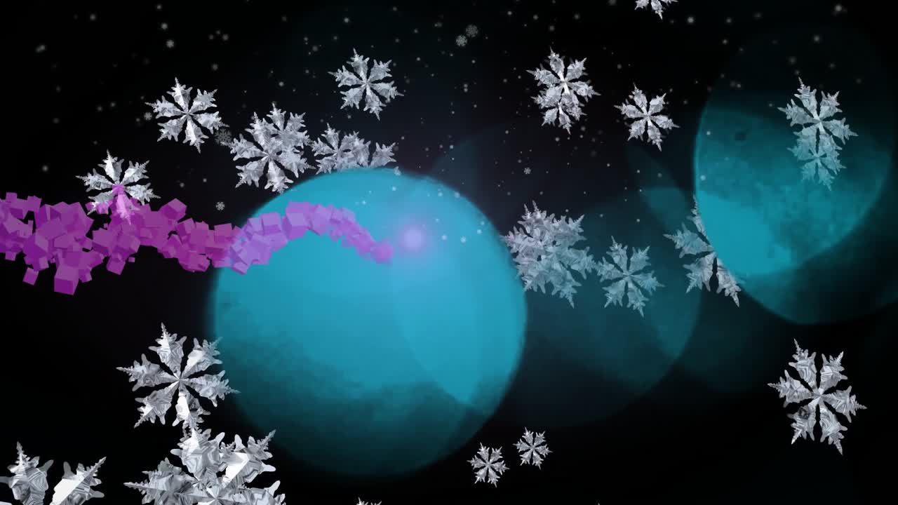 Opening teal spheres, purple cube ribbon weaving through swirling snowflakes, creating winter loop