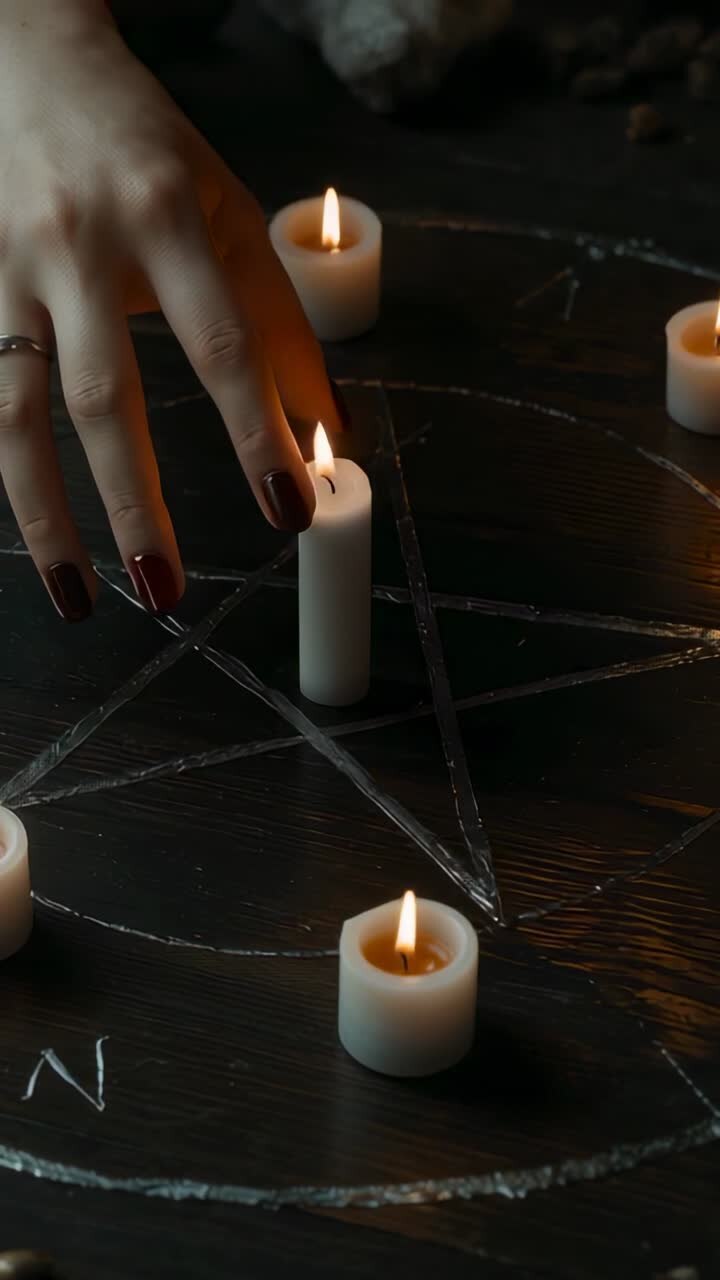 Vertical video: Entering hand aligning pillar and votive candles on wood chalk pentagram for ritual