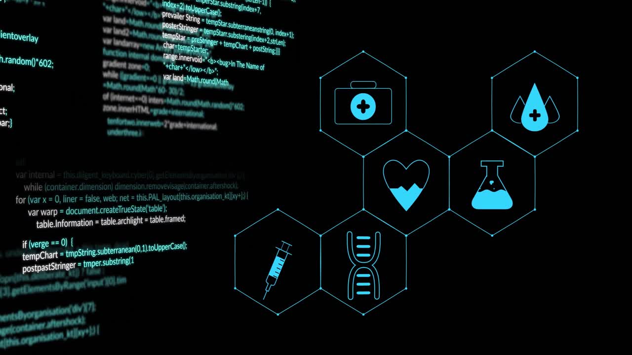 Animation of medical icons and data processing on black background