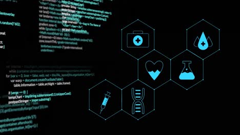 Animation-of-medical-icons-and-data-processing-on-black-background