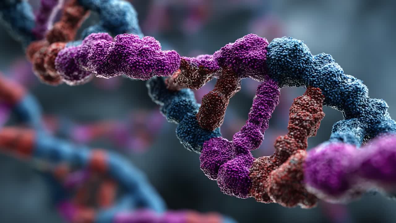 En detaljeret undersøgelse af komplekse DNA-strukturer og deres farverige molekylære sammensætning set under forbedrede mikroskopiske billedteknikker