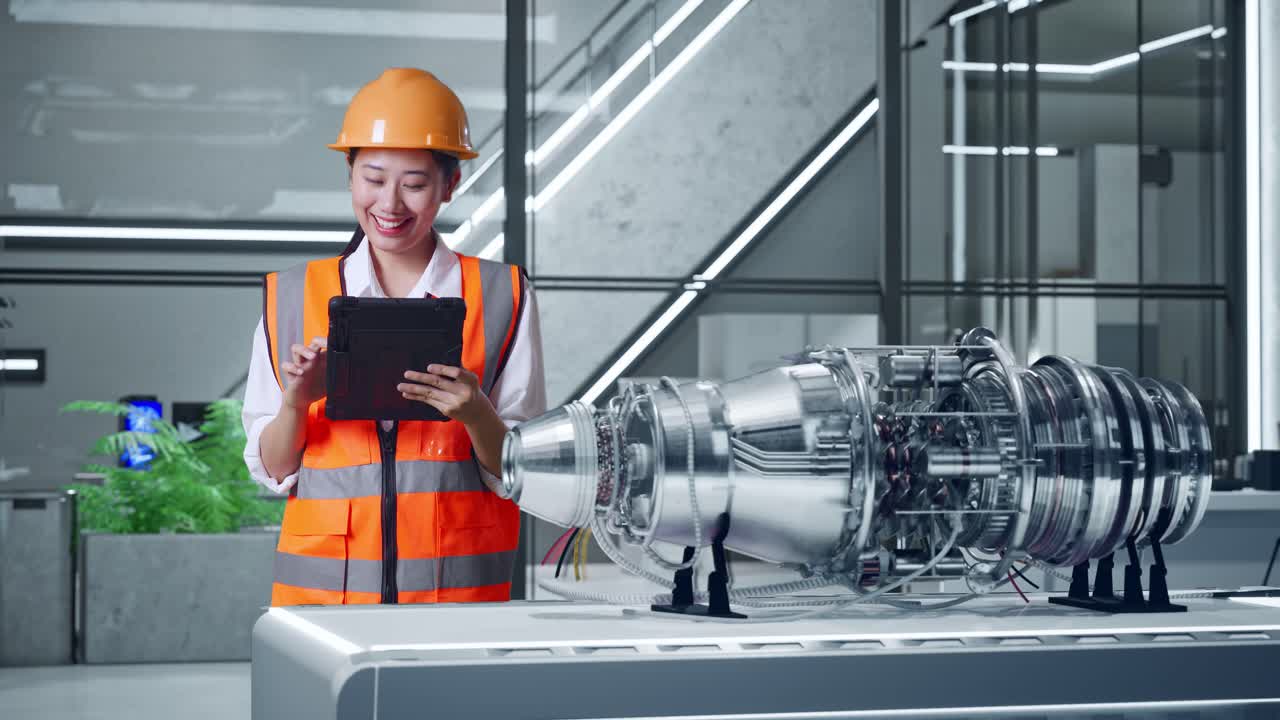 ingegnere femminile che ispeziona il motore del razzo in una struttura moderna