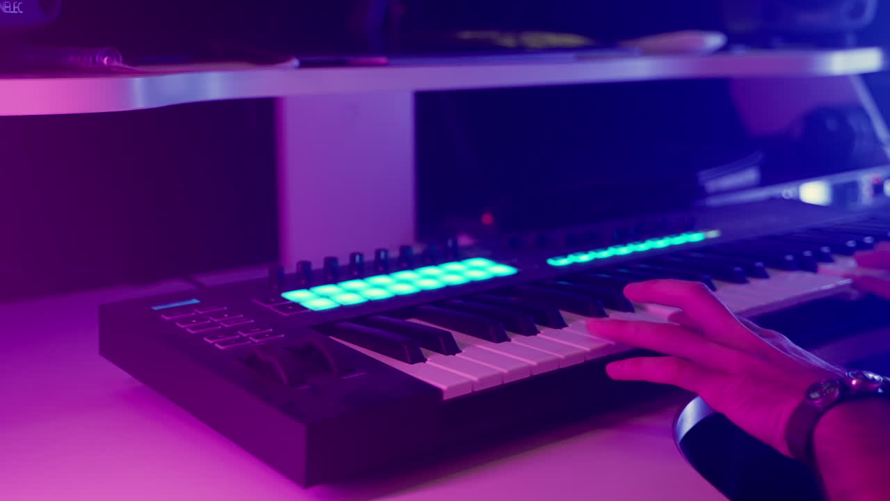 Musician Playing a MIDI Keyboard in a Home Studio