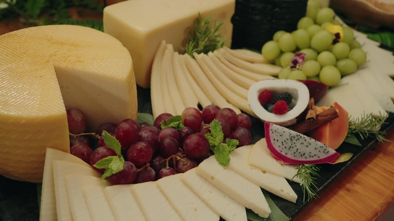 assorted sliced cheese served with grapes and tropical fruit arrangement