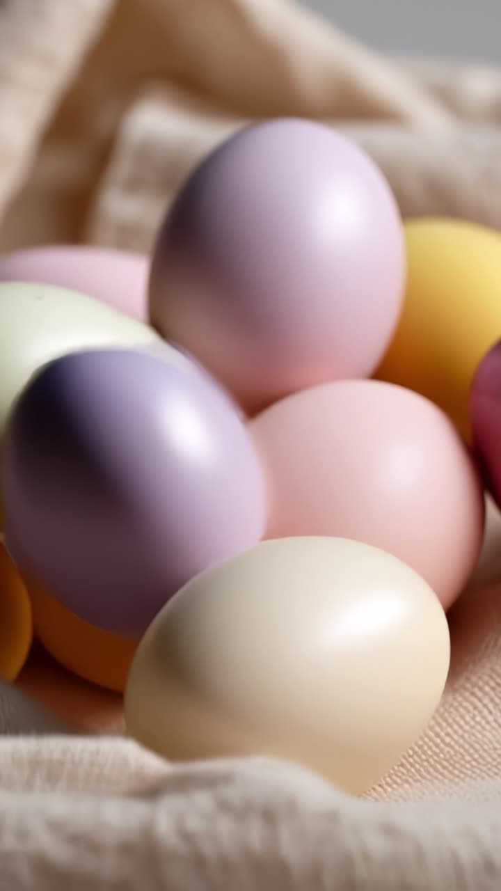 Una hermosa exhibición de coloridos huevos pastel dispuestos sobre una superficie de tela suave, perfecta para celebrar la primavera y ocasiones festivas.