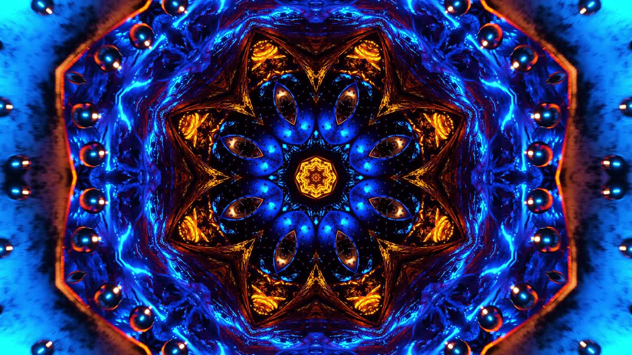 flor azul y amarilla con fondo negro y flor azul y amarilla. ciclo de caleidoscopio vj