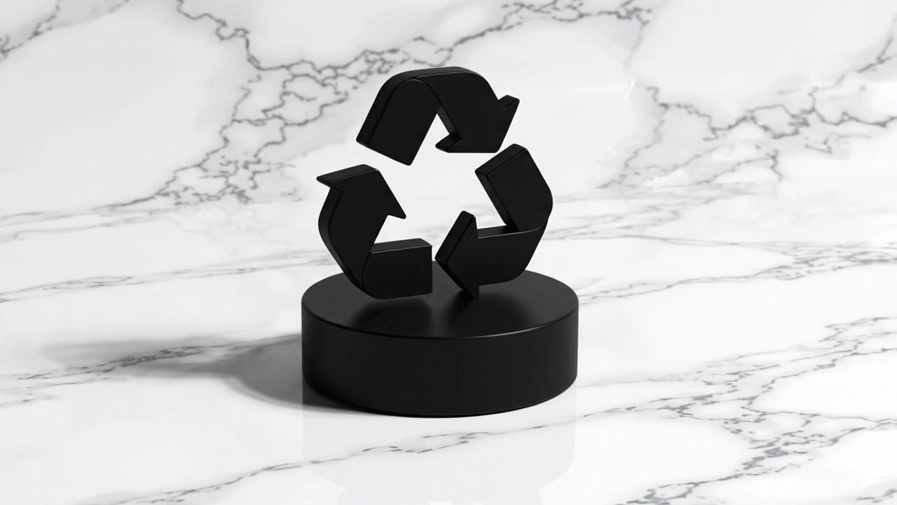 Simbolo di riciclo nero stilizzato su superficie di marmo: un'interpretazione moderna di sostenibilità e consapevolezza ambientale nell'estetica del design contemporaneo.