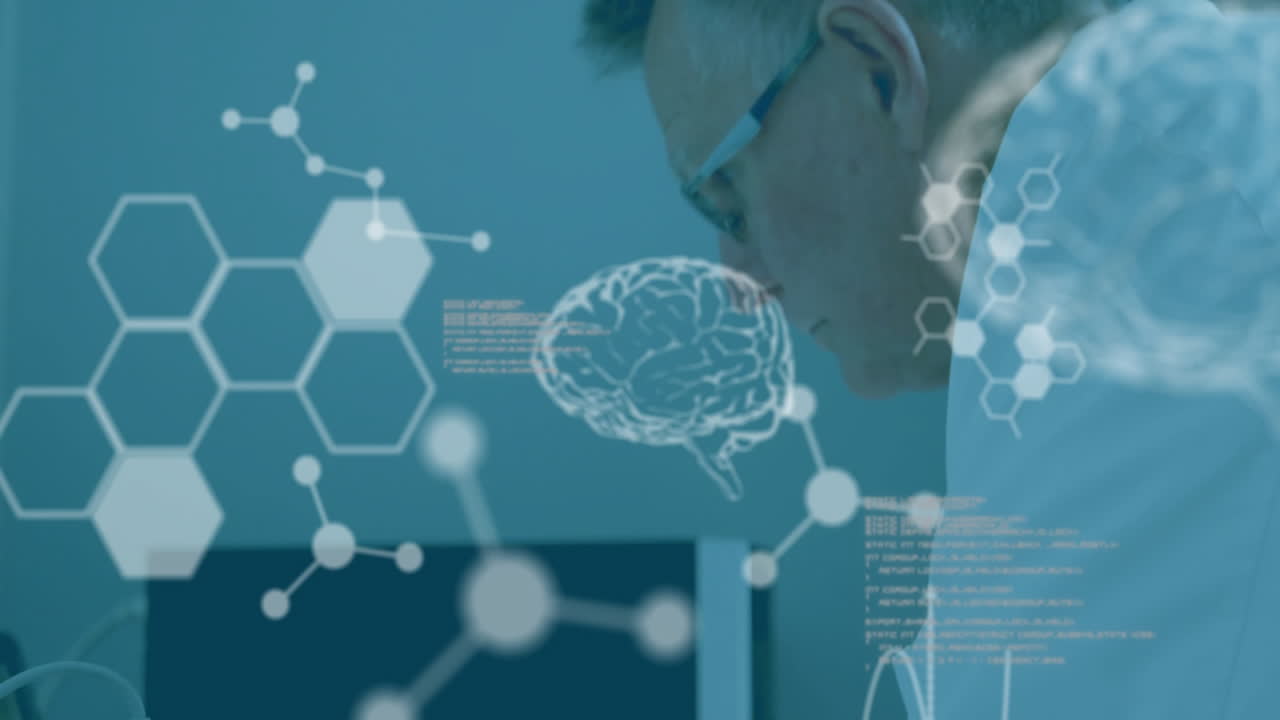 Animation of scientific data processing and human brains over caucasian male scientist in laboratory