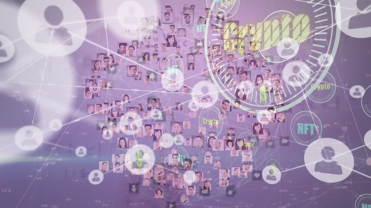 Animation of network of connections with icons over globe with people portraits on blue background