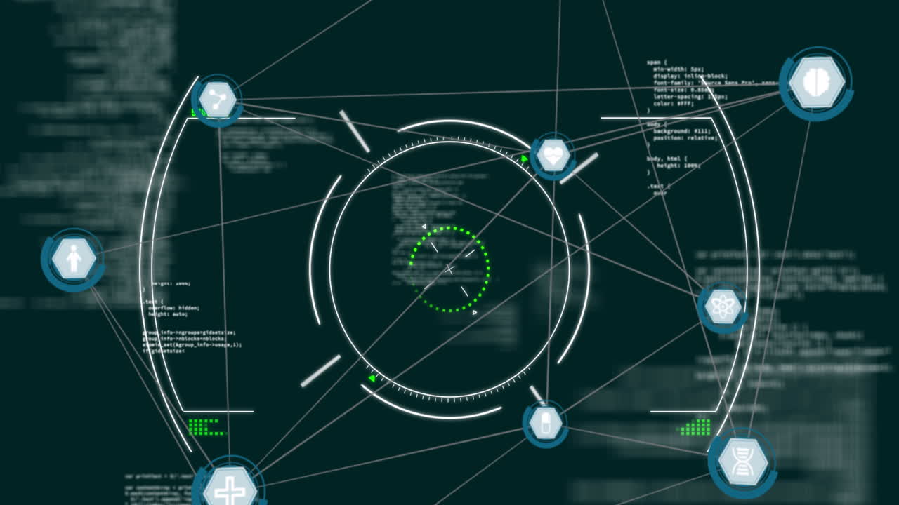 Animation of icon in hexagons connected with lines, circles and database against abstract background