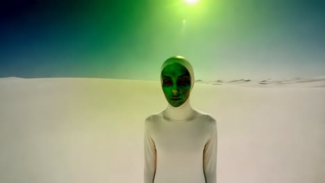 green-faced figure in a surreal desert landscape