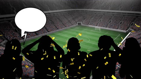 animación de confeti dorado sobre fanáticos deportivos y burbuja de discurso con espacio de copia en el estadio deportivo