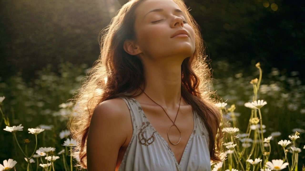 Giovane donna che si gode la luce del sole in un campo di margherite
